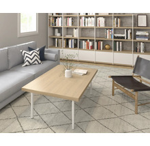 Wohnzimmer mit Sofa, Couchtisch, Sessel und Bücherregal.