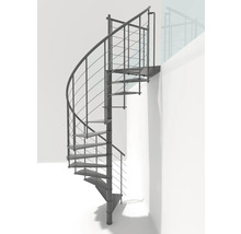 Eine Wendeltreppe aus Metall mit Geländer.