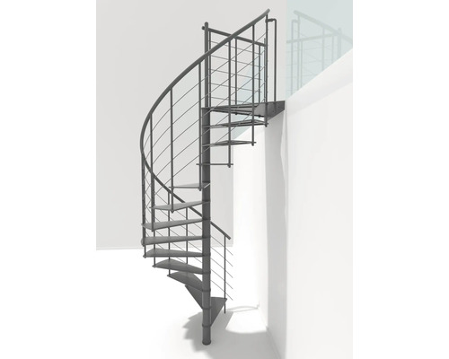 Eine Wendeltreppe aus Metall mit Geländer.