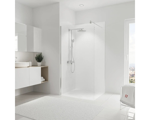 Duschrückwand Schulte Decodesign ExpressPlus 210 x 100 x 3 mm Stein Weiß Badezimmer mit Duschkabine, Waschbecken und weißem Teppich