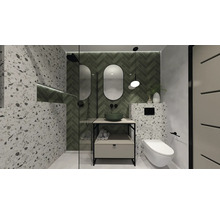 Modernes Badezimmer mit Dusche, Waschtisch, Spiegel, Toilette und Terrazzo Fliesen.