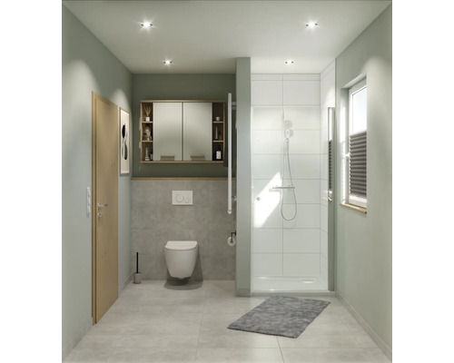 Badezimmer mit Dusche, Toilette, Waschtisch und Spiegel