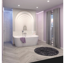 Badezimmer mit freistehender Badewanne, gemusterten Fliesen und Fenster mit Vorhängen für ein helles, organisiertes Ambiente