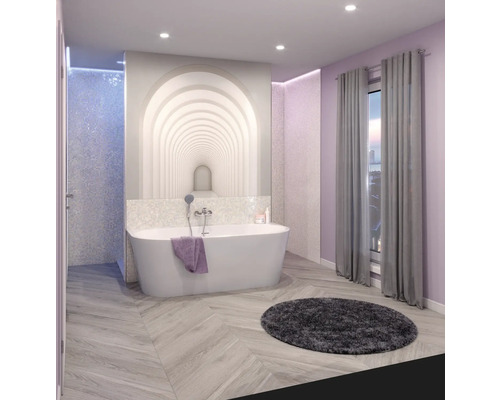 Feinsteinzeug Bodenfliese Count Grey 20x120 cm grau matt rektifiziert Badezimmer mit freistehender Badewanne, gemusterten Fliesen und Fenster mit Vorhängen für ein helles, organisiertes Ambiente
