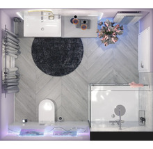 Draufsicht eines Badezimmers mit Waschbecken, Toilette, Dusche und rundem Teppich