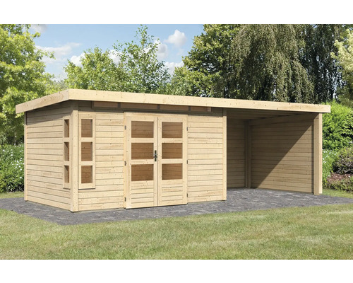 Gartenhaus Karibu Kastorfa 7 inkl. Anbaudach 3,2 m, Seiten- und Rückwand 655x240 cm natur