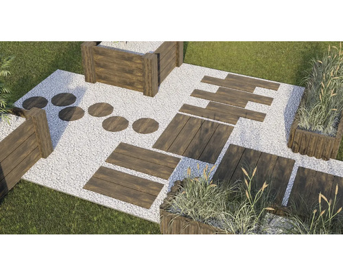 Gartengestaltung mit Kies, Holzwegplatten und Hochbeeten