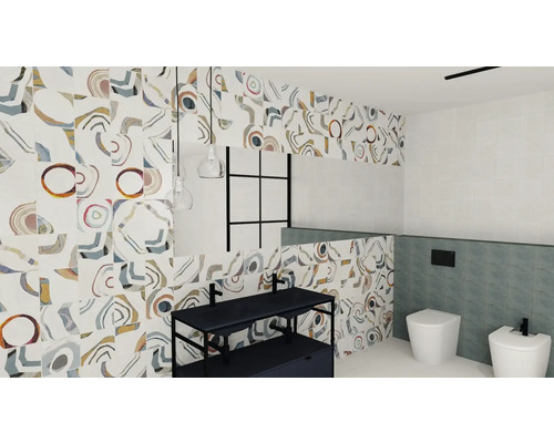 Badezimmer mit Waschbecken, Toilette, Bidet und gemusterten Fliesen