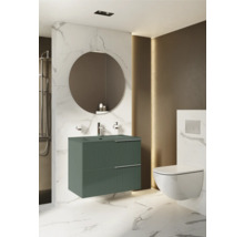 Modernes Badezimmer mit Waschtischunterschrank, rundem Spiegel und Hänge-WC für ein stilvolles Ambiente.