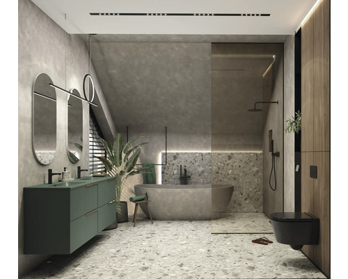 Modernes Badezimmer mit Waschtisch, Spiegeln, Badewanne, Dusche und Toilette