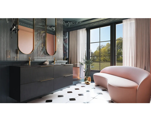 Modernes Badezimmer mit Waschtisch, Spiegeln und Sitzbank