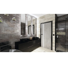 Modernes Badezimmer mit Waschtisch, Spiegeln, Dusche und grauen Fliesen