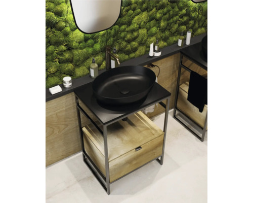 Modernes Badezimmer mit schwarzem Aufsatzwaschbecken, Waschtisch und Holzschublade.