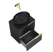Waschtisch mit Unterschrank, schwarzem Aufsatzwaschbecken und goldfarbener Armatur