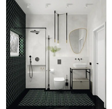 Modernes Badezimmer mit Dusche, Waschbecken, Spiegel und schwarzen Akzenten