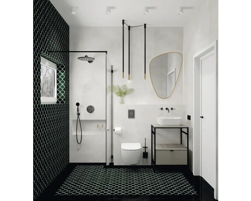 Modernes Badezimmer mit Dusche, Waschbecken, Spiegel und schwarzen Akzenten