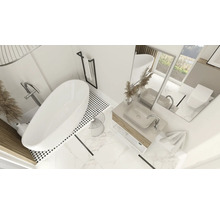 Helles Badezimmer mit freistehender Badewanne, Waschtisch und Spiegel