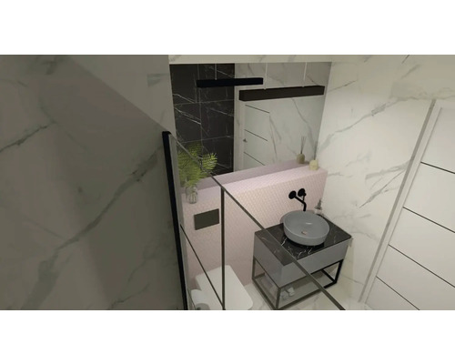 Modernes Badezimmer mit Waschtisch, Spiegel und Duschkabine