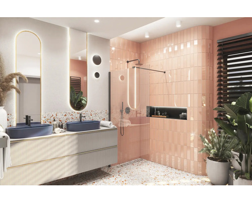 Modernes Badezimmer mit Doppelwaschtisch, Dusche und Terrazzoboden