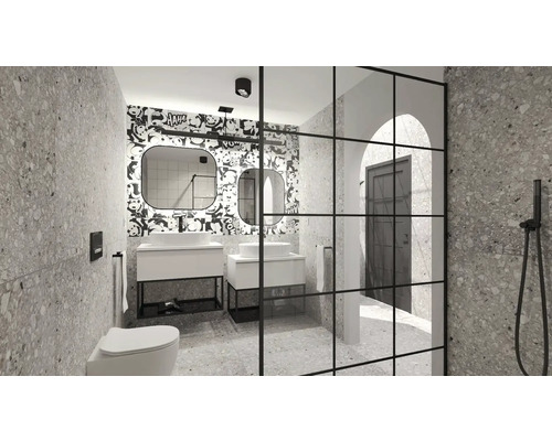 Modernes Badezimmer mit Waschtischen, Spiegeln, Toilette, Duschabtrennung und grauem Terrazzo-Fliesenmuster