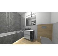 Modernes Badezimmer mit Badewanne, Waschtisch und Toilette.