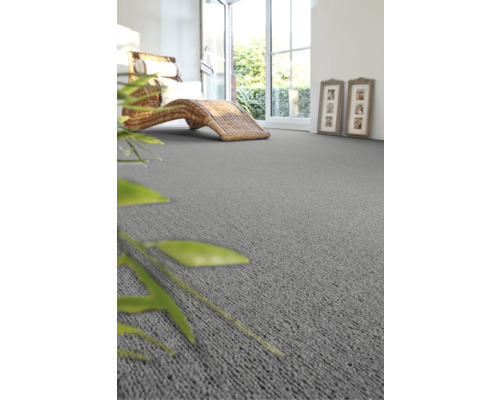 Heller Raum mit grauer Auslegware, Korbliege und Fenster zum Garten