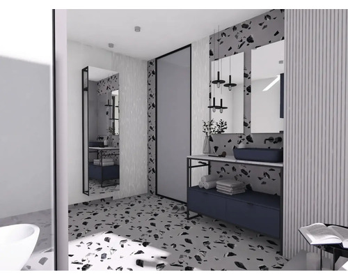 Helles Badezimmer mit Spiegeln, Waschtisch und Terrazzoboden