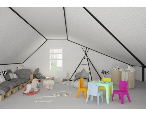 Helles Kinderspielzimmer mit Spielzelt, Tisch, Stühlen und Spielzeug