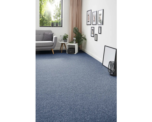 Wohnzimmer mit blauem Teppichboden, grauem Sofa und Fenster