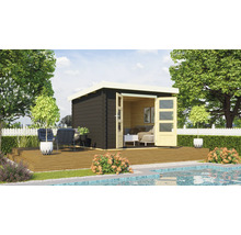 Garten Szene mit Holz Gartenhaus, Terrasse, Gartenmöbel und Pool