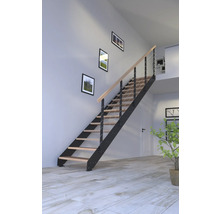 Treppe mit Holzstufen und Metallgeländer in einem Wohnraum