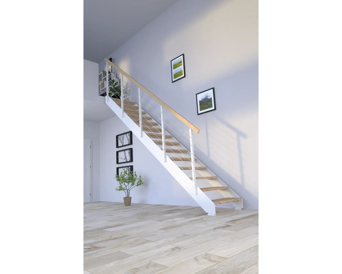 Heller Raum mit einer Treppe mit Holzstufen und weißen Geländern, dekoriert mit Pflanzen und Bildern