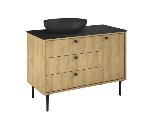 Waschtischunterschrank mit drei Schubladen, einer Tür und Aufsatzwaschbecken