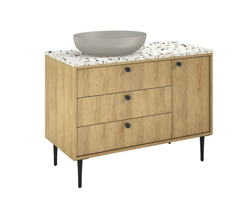 Waschtischunterschrank mit drei Schubladen, einer Tür und einem Aufsatzwaschbecken