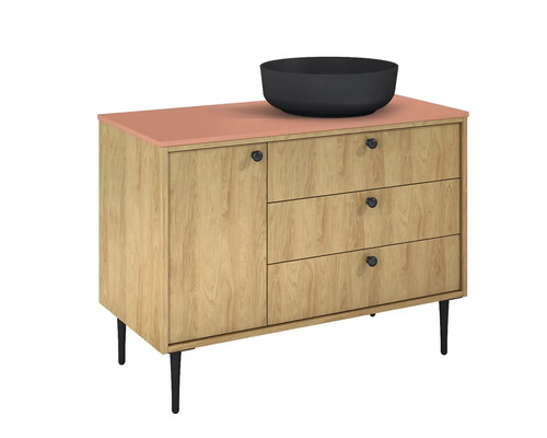 Waschtischunterschrank mit Aufsatzwaschbecken, einer Tür und drei Schubladen