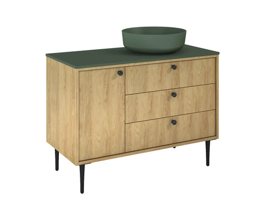 Waschtischunterschrank mit drei Schubladen, einer Tür und Aufsatzwaschbecken