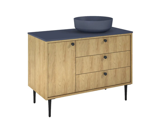 Waschtischunterschrank mit Aufsatzwaschbecken, Holzoptik und drei Schubladen