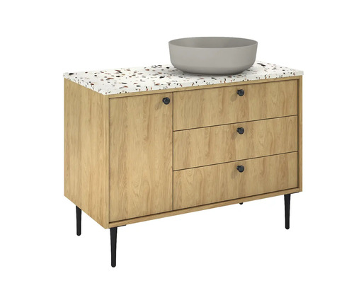 Waschtisch mit Waschbecken, einer Tür und drei Schubladen für das Badezimmer.