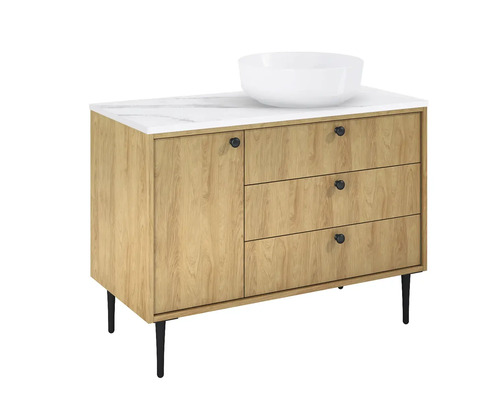 Waschtisch mit Waschbecken, drei Schubladen, einer Tür und Füßen