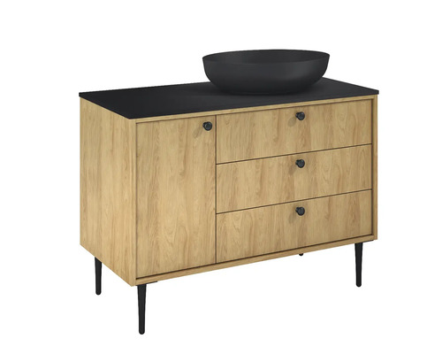 Waschtischunterschrank mit Aufsatzwaschbecken, einer Tür und drei Schubladen