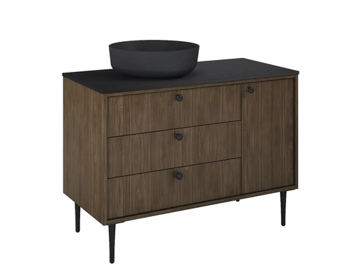 Waschtischunterschrank mit drei Schubladen, einer Tür und einem Aufsatzwaschbecken