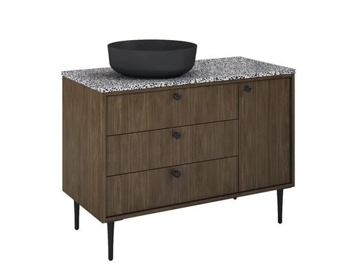 Waschtischunterschrank mit Aufsatzwaschbecken, drei Schubladen, einer Tür und Füßen