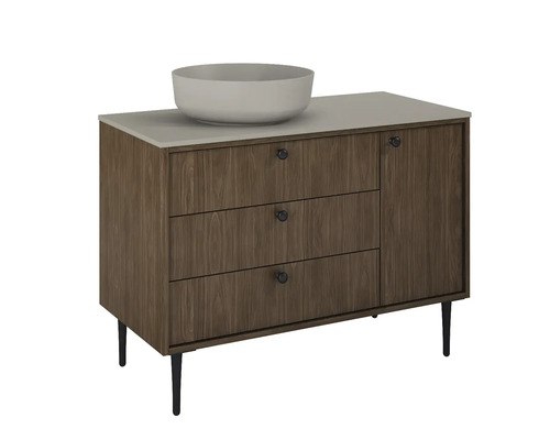 Waschtischunterschrank mit drei Schubladen, einer Tür und einem Aufsatzwaschbecken