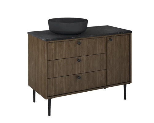 Waschtischunterschrank mit drei Schubladen, einer Tür und einem Aufsatzwaschbecken