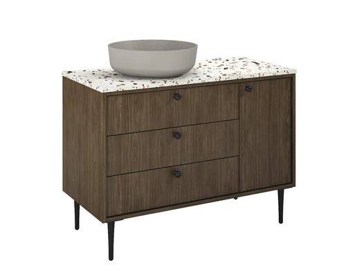 Waschtisch mit drei Schubladen, einer Tür und Aufsatzwaschbecken