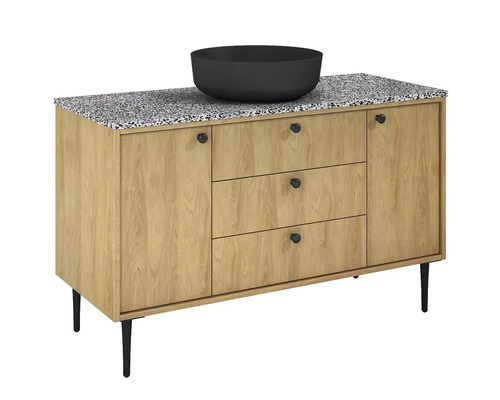 Waschtischunterschrank mit Aufsatzwaschbecken, drei Schubladen und einer Tür