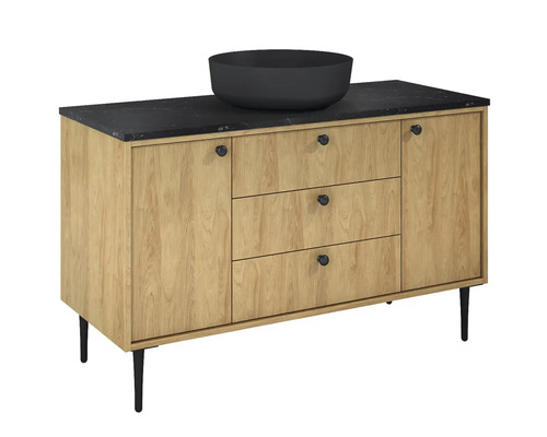Waschtischunterschrank mit schwarzem Aufsatzwaschbecken und Schubladen