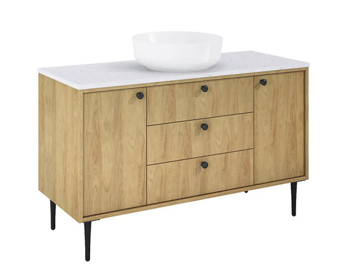 Waschtisch mit Waschbecken, Holzstruktur, drei Schubladen und einem Schrank