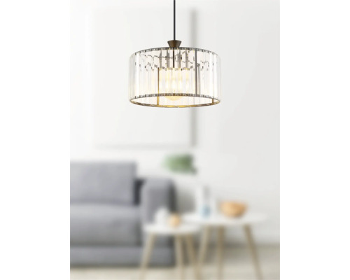 Hängeleuchte mit transparenten Glasstäben und Metallrahmen im Wohnzimmer