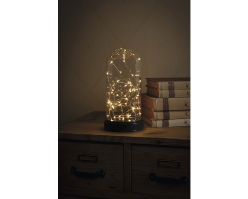 Dekorative Glaskuppel mit Lichterkette auf einem Holzschrank